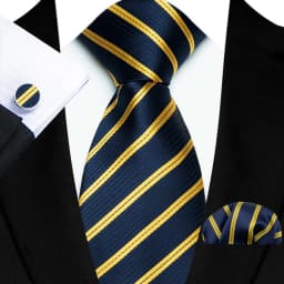 3Pcs Men's Yellow Color Stripes Plaid Solid Ties Pocket Square Cufflinks Wedding Prom Accessories 8cm Cravat Gift for Men