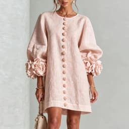 Vintage Solid Dress Ladies Puff Sleeve 3D Floral Decoration Buttons Decor Loose Straight Dress Holiday Party Daily Short Dresses