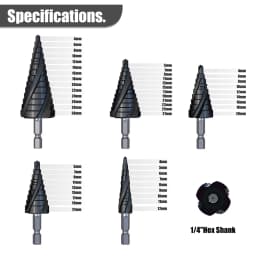 M35 Cobalt 4-Flute Step Drill Bit 1/4 in Metric Tapered Hex Shank for Stainless Steel Sheet Metal Wood Aluminum and Other Metals