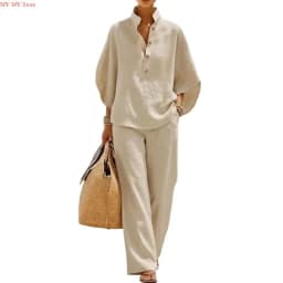 Two Piece Set for Women Spring Outfits 2026 Summer Fashion Casual Button Down Shirt Wide Leg Pants Lounges Set