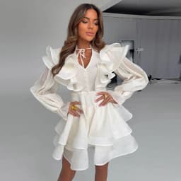 Solid Ruffle Mini Dress U Neck Long Puff Sleeve Tie Neck Tiered Hem Sweet Style Gown Soft Pastel Tones Fashion Chic Women Outfit