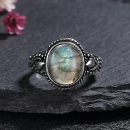 Silver Ring for Women Oval Round Natural Labradorite Ring Gift Sun Shaped Retro Luxury Fine Jewelry