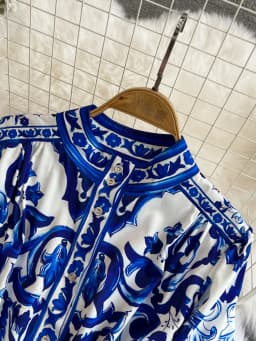 Spring Autumn Retro Palace Long Sleeved Standing Neck Waist Slim Appearance Single woman Breasted A-line Celadon Print Dress