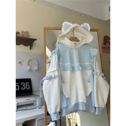 Spring Autumn Thin Fleece Subculture Virtual Human Color Block Long Sleeve Hoodie Women's Lace Hem Coat Sweet Style Zipper Lo...