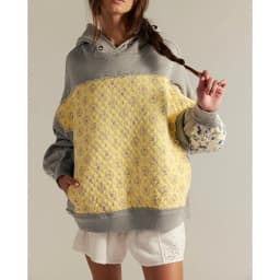 Combhasaki Women Oversized Trend Y2k Hooded Pullover Long Sleeve Floral Print Quilted Patchwork Sweatshirts Streetwear Loose Top