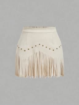 Women's Solid Color Suede Fringe Mini Skirt High Waist Studded Tassel Short Skirt Retro Casual Skirt For Daily Wear & Dating