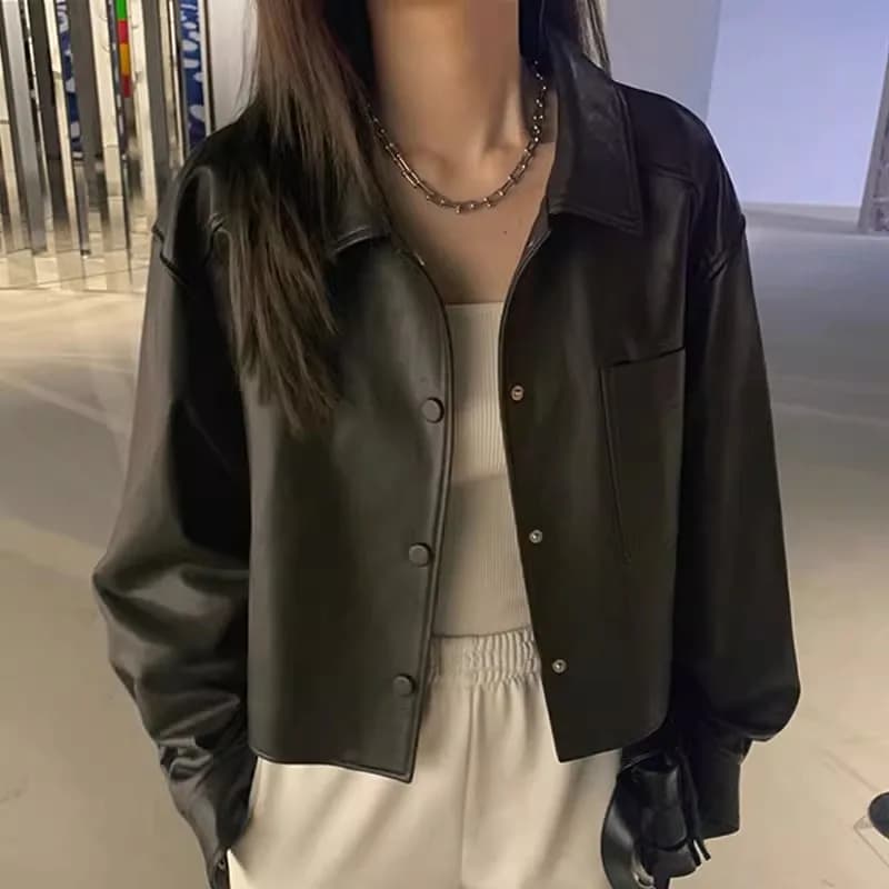New Buckle Women's Short PU Leather Jacket Motorcycle Style Spring Autumn Winter Fashion Hong Kong Style Commute Wind