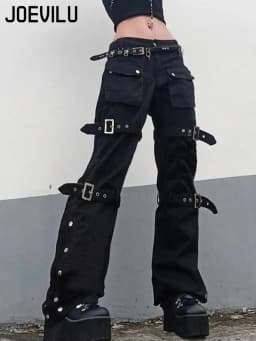 Metal Button High Waisted Straight Leg Jeans Drop Crotch Trousers Streetwear Hip Hop Fashion Y2K Cargo Denim Pants for Women