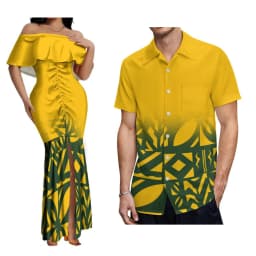 2024 New Hawaiian Gradient Polynesian Island Couple Set Women'S Off-The-Shoulder Dress Party Fishtail Skirt With Men'S Shirt