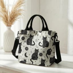 Witchy Black Cat Moon Star Print Pink Canvas Tote Bag Detachable Strap Crossbody Handbag For Women Daily Shopping
