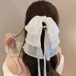 Women's Hair Accessory Beaded Ribbon Bow Shark Clip for Ponytail