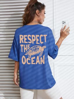 Respect The Ocean Green Turtle Print T-Shirts Women Casual Fashion T Shirt Breathable Cotton Short Sleeve O-Neck Street Clothing
