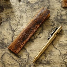 Genuine Leather Pencil Bag with Flower Embossed Leather Boy's and Girl's School Students Pen Holder Simple Retro Pencil Bag