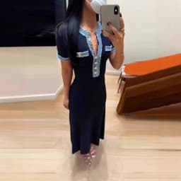 STYLISH LADY Denim Patchwork Knitted Dress 2025 Autumn Women Short Sleeve O Neck Button Bodycon Elegant OL Party Maxi Dresses