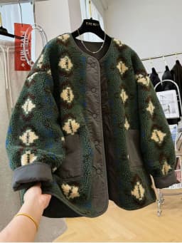 Women's Double-Sided Lamb Fur Jacket Mid-Length Thickened Printed Coat Korean Style Loose Fit Long Sleeve round Neck Coat