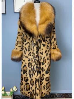 Leopard Print Real Rabbit Fur Coat for Women Long Thickened Warm One-Piece Autumn Winter Fashion with Fox Fur Collar