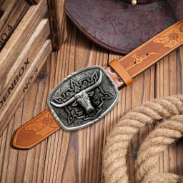 Western Cowboy Couple Style Men's Belt - Irregular Pattern Carving Flower Long Horn Cow Head Smooth Buckle Women's Belt - Countr