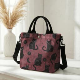 Witchy Black Cat Moon Star Print Pink Canvas Tote Bag Detachable Strap Crossbody Handbag For Women Daily Shopping
