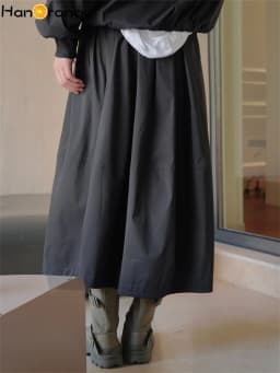HanOrange 2026 Casual Irregular Fold Folding Elastic Waist Skirt Loose Silhouette A-line Skirt Black/Beige