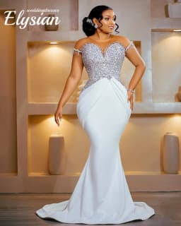 Customized Wedding Dresses For Bride Detachable Train Mermaid Ball Gown Sheer Neck Short Sleeves Beaded Bridal Gowns