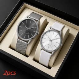 2Pcs Lovers Watch Set Classic Minimal Mesh & Leather Strap Analog Quartz Wristwatch Men Women Fashion Couple Matching Timepieces