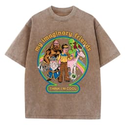 My Imaginary Friends Think I'M Cool Washed Retro Men T-Shirt Soft Casual Oversize T-Shirt Cotton Tee Clothes Summer Loose Tshirt