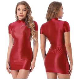 Women's Solid Color Smooth Stretchy Mock Neck Tight Party Dresses Female Dresses Glossy Long Sleeve Bodycon Dress Nightwear