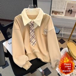 Thickened Fleece Sweatshirt Collar Women's Loose Top Fashionable Autumn Winter New Style College Style Tie Design Sweats...