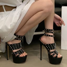 Unisex Big Size 42 Sexy Rivets Super High Heels Ankle Strap Platform Sandals Women Punk Black Party Shoes Stiletto Valentines