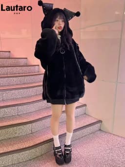 Lautaro Winter Oversized Warm Thick White Faux Fur Coat Women with Hood Sweet Cute Kawaii Japanese Style Fashion Fluffy Jacket