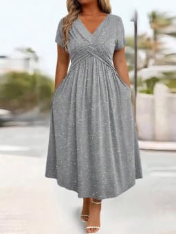 Ladies' elegant plus size powder sprinkled shiny twisted knot with pockets V-neck dress