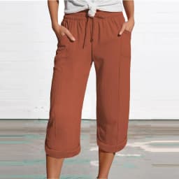 Women 3/4 Muslin Trouser Lightweight Linen Pants With Pockets Causal Loose Capri Trousers Elastic Comfortable Fabric Bottom