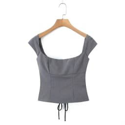 KEYANKETIAN New Launch Women's Cross Lace Up Backless Crop Top Stylish Sexy Slash neck Short Sleeve Corset Gray Short Camis