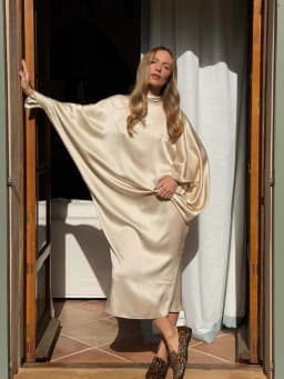 Solid Satin Maxi Dress Women Chic High Neck Batwing Sleeve Front Slit Loose Fit Dresses 2026 Summer Elegant Evening Party Gown