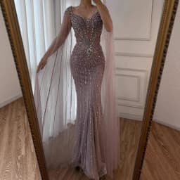 Serene Hill 2025 Customized Nude Cape Sleeves Beaded Saudi Arabic Evening Dresses Gowns for Formal Occasion LA72575A
