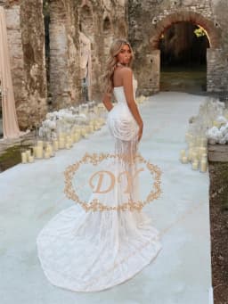 DY Unique Ivory Lace Mermaid Wedding Dresses Strapless Pearl Tassels Bridal Gowns Customized Lace-up Vestidos De Novia Sweep Tai