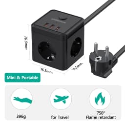 6-in-1 Power Strip Wall Socket Extender with 2M Extension Cable 3 AC 2 USB 1 Type-C Ports PD 20W Fast Charging Max 3680W(16A)