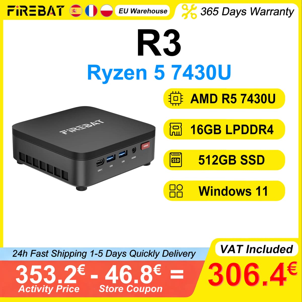 FIREBAT R3 Mini PC AMD Ryzen 5 7430U 16GB LPDDR4 RAM 512GB SSD Window 11 Wi-Fi 6 USB 3.0 BT5.2 Gaming Desktop Mini Computer