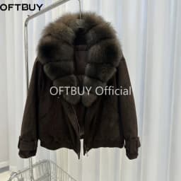 OFTBUY Big Real Fox Fur Collar Duck Down Coat Women Short Suede Pilot Jacket New Vintage Zipper Women's Winter Down Jacket