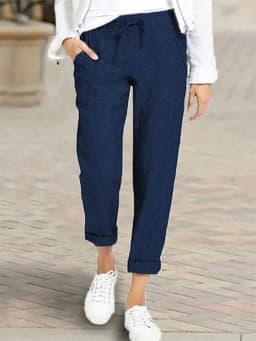 Plus-Size Solid-Color Drawstring High-Waisted Pocket Casual Pants—Casual Everyday Wear, Simple Elastic-Waist Pants