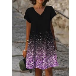 New 2022 Spring Summer Women V Neck Causal Elegant Dress Casual Oversized Short Sleeve Loose Gradient Print Knee Length Dress