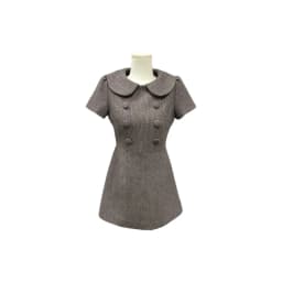 Spring New Style Korean Pure Color Waist-Cinched A-Line Dress Double-Breasted Doll Collar Plaid Woolen Dress for Women