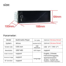 Universal 1 Din Car Stereo 6.86Inch HD Touch Screen Car Multimedia Player Wireless CarPlay Auto BT FM USB Car Radio Audio Player