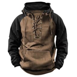 Spring And Autumn New Men's Hooded Solid Color Sweater Blue Sports Multi-Pocket Leather Sweater Tooling