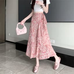 High Waist A-Line Floral Print Chiffon Halter Neck Dress Women's Summer New Style Belted Wrap Skirt Casual Polyester Fiber