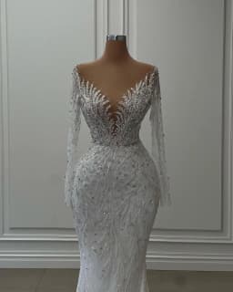 Customized Mermaid Wedding Dresses With Detachable Train Sheer Neck Long Sleeve vestidos de novia Beading Appliques Bride Dress