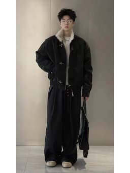 Men's Thickened Fleece Lined Cotton Jacket with Lamb Fur Collar Winter Warm Airplane Metal Buckle Outerwear Standard Fit Long...