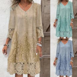 Fashion Summer Dresses 2026 Summer New 3D Pattern Lace Splicing Hollowed Out Midi Dress Casual Short Sleeve Dresses Lady Vestido