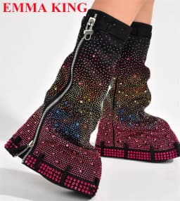 Luxury Designer Lock Crystal Thick Sole Mid Calf Boots Woman Platform Round Toe Long Womens Boots Winter Side Zipper Party Shoes