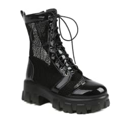 Mesh Panel Lacquer Leather Cutout Breathable Short Boots Flat Heel Thick Sole Lace Up Mesh Boots Zipper Elevated Shoes